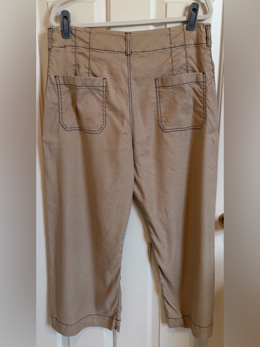 Maeve Colette Wide Leg Linen Blend Cropped Pants Contrast Stitching Tan Size 34 - Picture 3 of 5